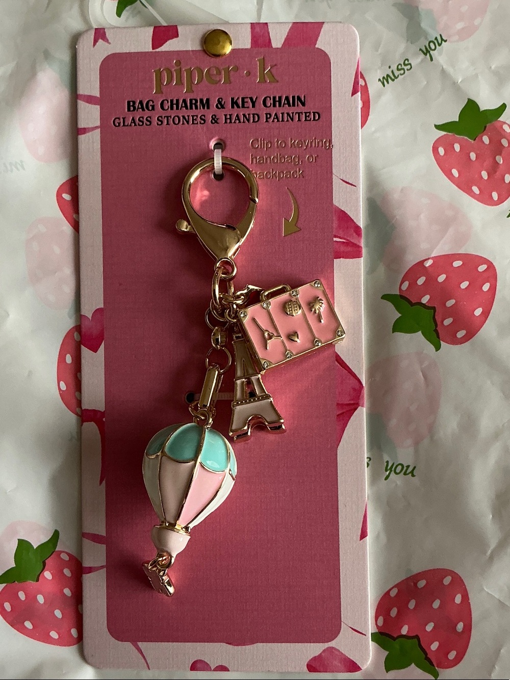 Piper Pink & Mint Paris Travel Charm Keychain with Gold Hardware